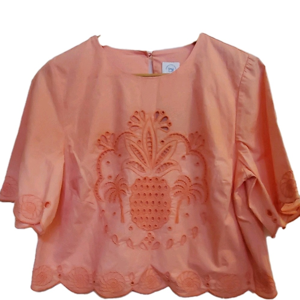 Crown & Ivy Sewing Down South Blouse NWT 12 Coral Blast Embroid Pineapple Palms